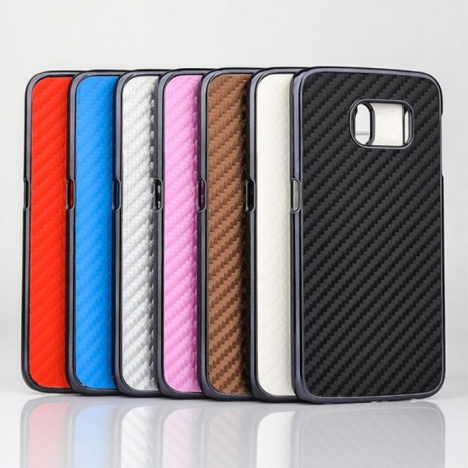 Galaxy S6 Edge Hart Plastik Case mit lederartiger Oberfläche und Karbonmuster - silber