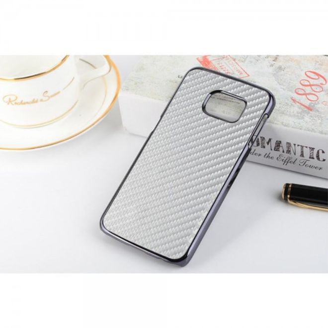 Galaxy S6 Edge Hart Plastik Case mit lederartiger Oberfläche und Karbonmuster - silber