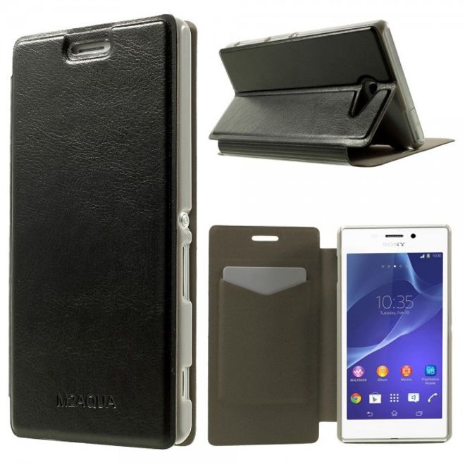 Sony Xperia M2 Aqua Crazy Horse Leder Case mit Standfunktion - schwarz