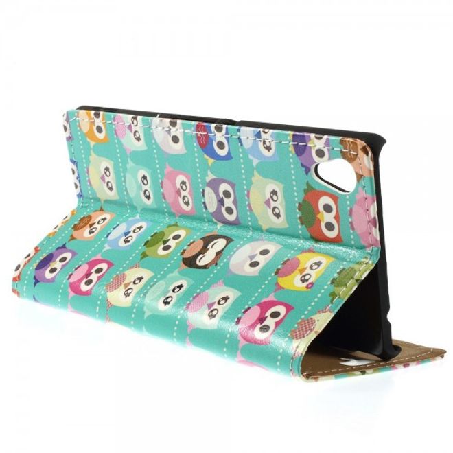 Sony Xperia M4 Aqua Leder Case mit vielen kleinen Eulen - cyan