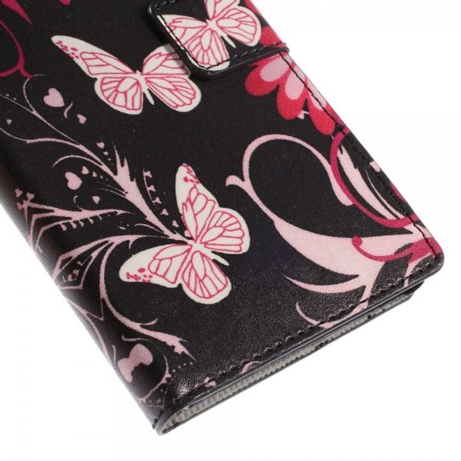 Sony Xperia M4 Aqua Leder Case mit Schmetterlingen und Blumen - schwarz