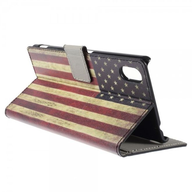 Sony Xperia M4 Aqua Leder Case mit USA Flagge retro-style