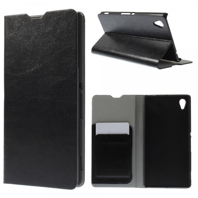 Sony Xperia M4 Aqua Crazy Horse Leder Case mit Standfunktion und Kreditkartenslots - schwarz