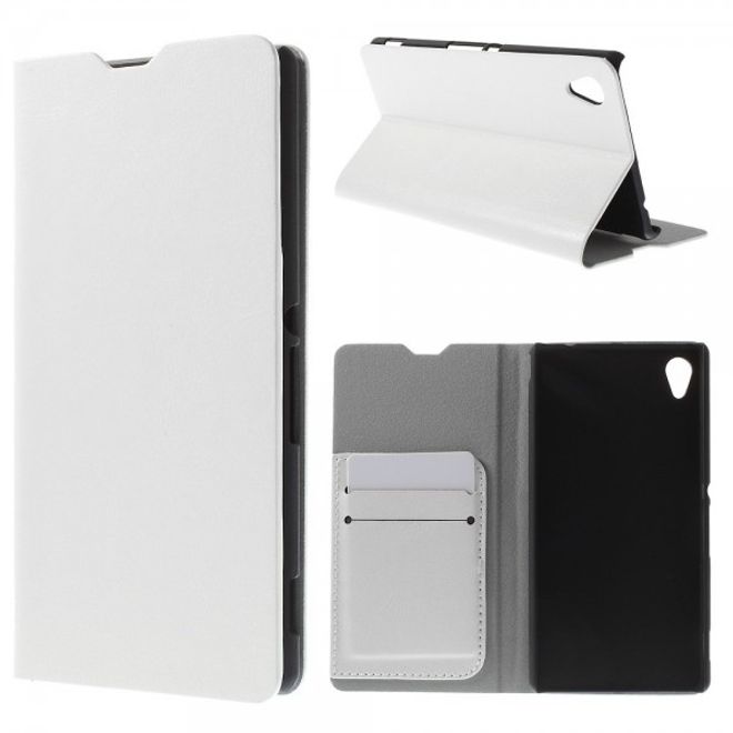 Sony Xperia M4 Aqua Crazy Horse Leder Case mit Standfunktion und Kreditkartenslots - weiss