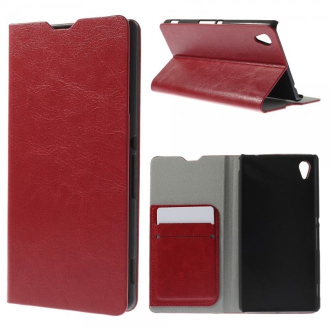 Sony Xperia M4 Aqua Crazy Horse Leder Case mit Standfunktion und Kreditkartenslots - rot