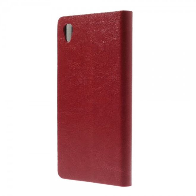 Sony Xperia M4 Aqua Crazy Horse Leder Case mit Standfunktion und Kreditkartenslots - rot