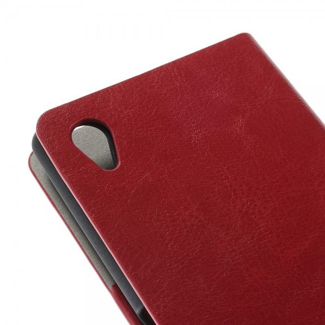 Sony Xperia M4 Aqua Crazy Horse Leder Case mit Standfunktion und Kreditkartenslots - rot