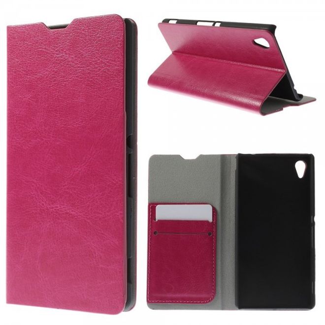 Sony Xperia M4 Aqua Crazy Horse Leder Case mit Standfunktion und Kreditkartenslots - rosa