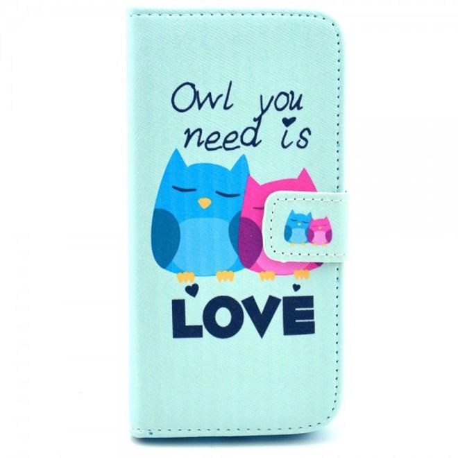 iPhone 6/6S Schickes Leder Case mit Eulen und Schriftzug Owl you need is love