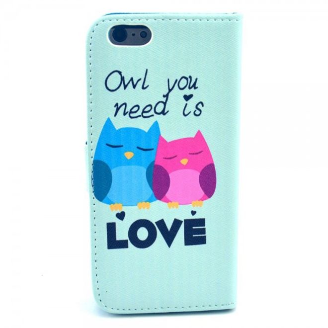 iPhone 6/6S Schickes Leder Case mit Eulen und Schriftzug Owl you need is love