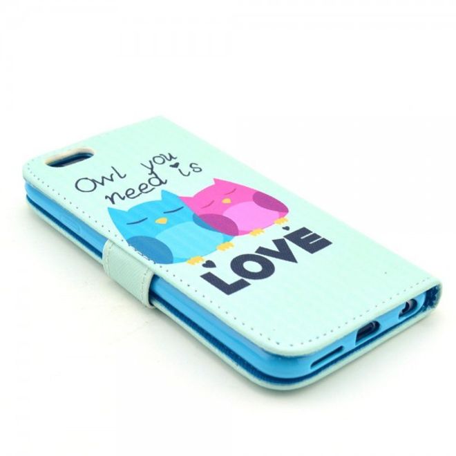 iPhone 6/6S Schickes Leder Case mit Eulen und Schriftzug Owl you need is love