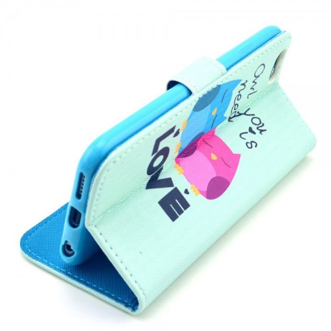 iPhone 6/6S Schickes Leder Case mit Eulen und Schriftzug Owl you need is love