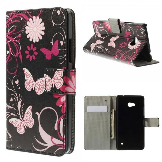Microsoft Lumia 640/640 Dual Leder Case mit Schmetterlingen und Blumen - schwarz