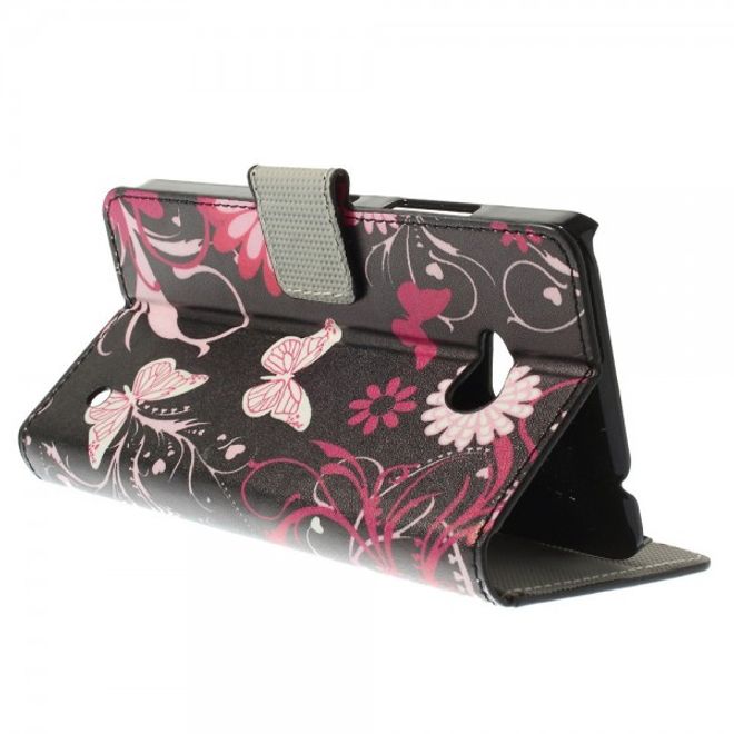 Microsoft Lumia 640/640 Dual Leder Case mit Schmetterlingen und Blumen - schwarz