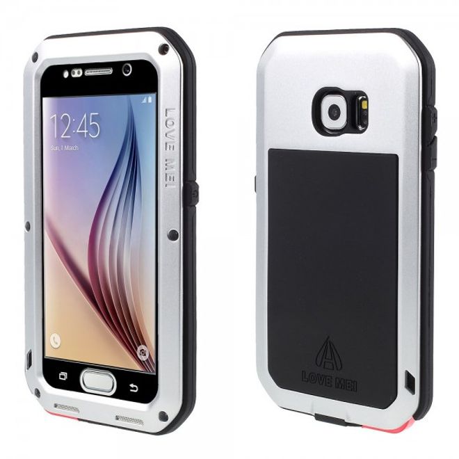 Samsung Galaxy S6 LOVE MEI Ultrarobustes Metall, Silikon und gehärtetes Glas Case - silber