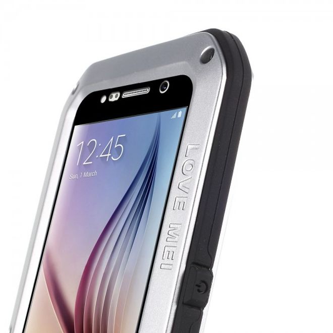 Samsung Galaxy S6 LOVE MEI Ultrarobustes Metall, Silikon und gehärtetes Glas Case - silber