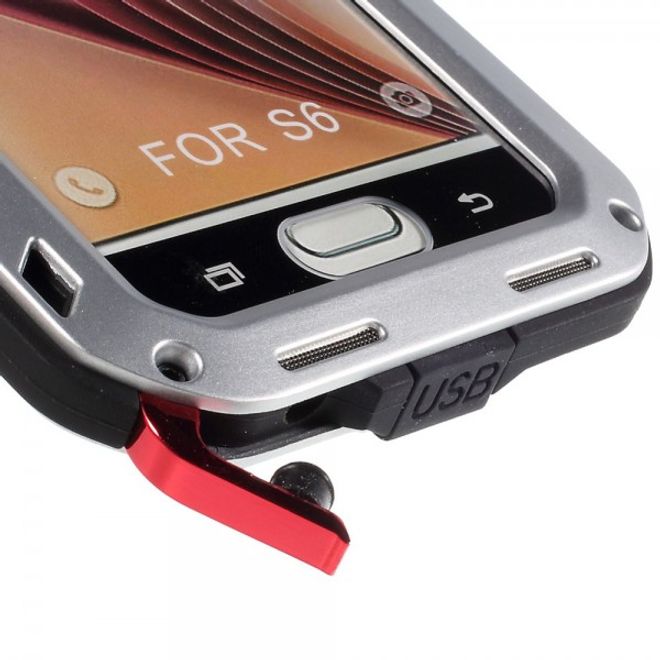 Samsung Galaxy S6 LOVE MEI Ultrarobustes Metall, Silikon und gehärtetes Glas Case - silber