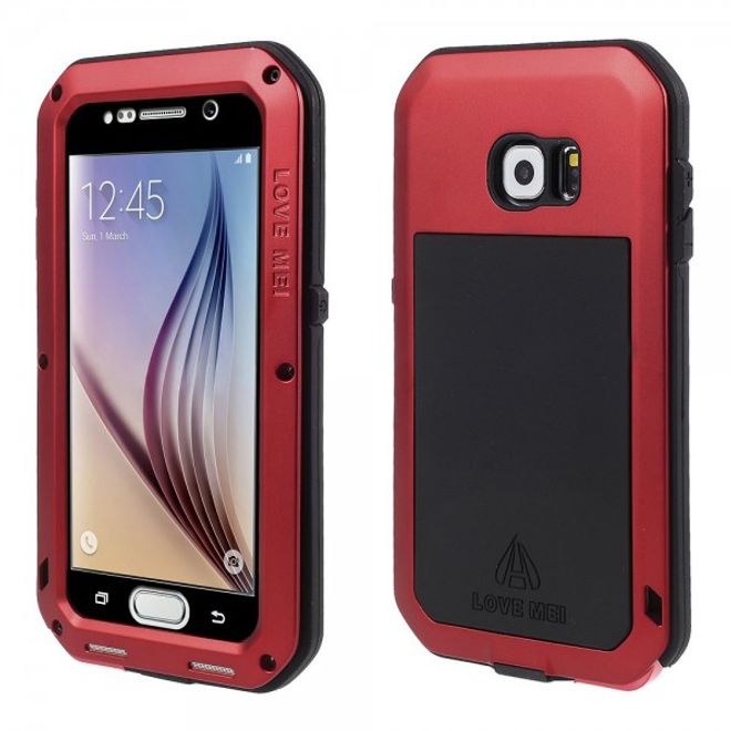 Samsung Galaxy S6 LOVE MEI Ultrarobustes Metall, Silikon und gehärtetes Glas Case - rot