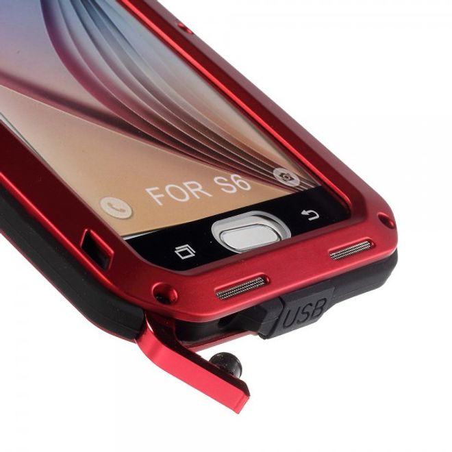 Samsung Galaxy S6 LOVE MEI Ultrarobustes Metall, Silikon und gehärtetes Glas Case - rot