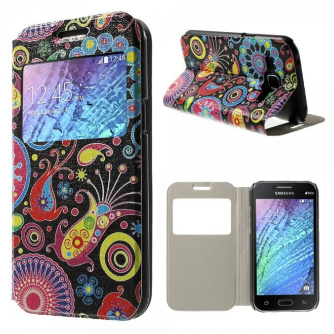 Samsung Galaxy J1 Leder Case mit farbigem Muster und Fenster