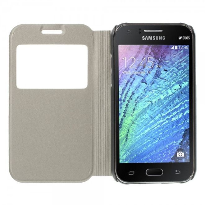 Samsung Galaxy J1 Leder Case mit farbigem Muster und Fenster