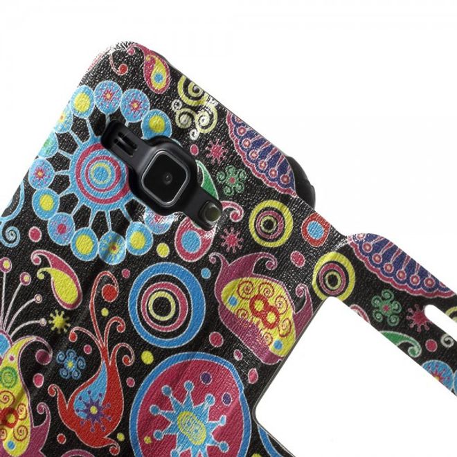 Samsung Galaxy J1 Leder Case mit farbigem Muster und Fenster