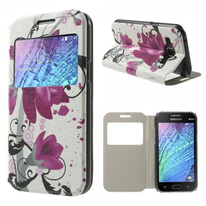 Samsung Galaxy J1 Leder Case mit Lotus Blumen und Fenster