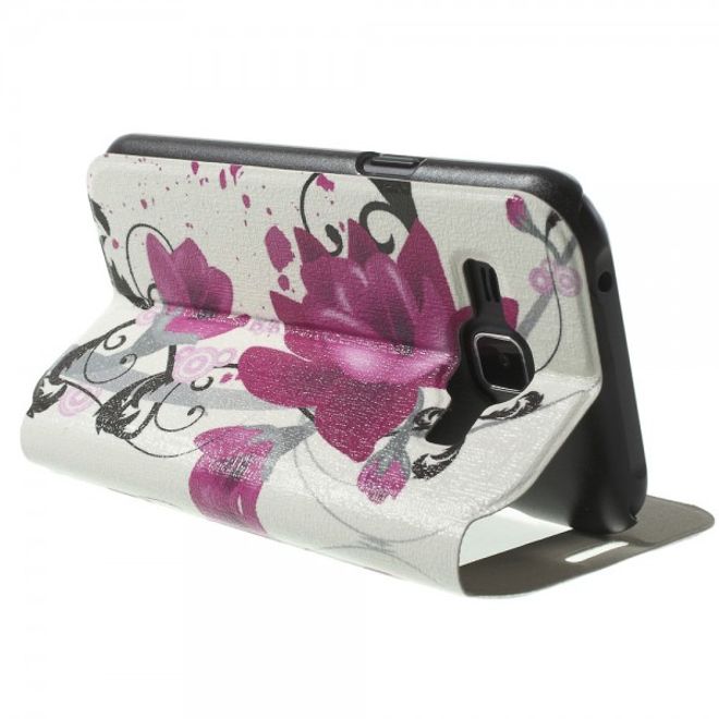 Samsung Galaxy J1 Leder Case mit Lotus Blumen und Fenster