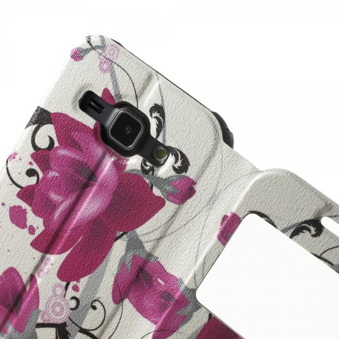 Samsung Galaxy J1 Leder Case mit Lotus Blumen und Fenster