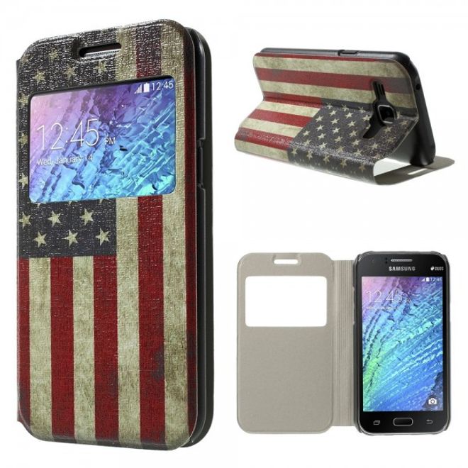 Samsung Galaxy J1 Leder Case mit USA Flagge retro-style und Fenster