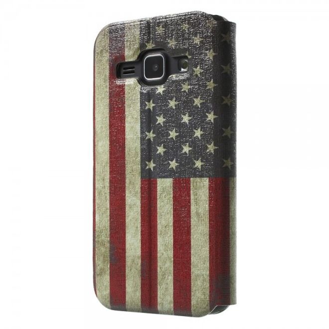 Samsung Galaxy J1 Leder Case mit USA Flagge retro-style und Fenster