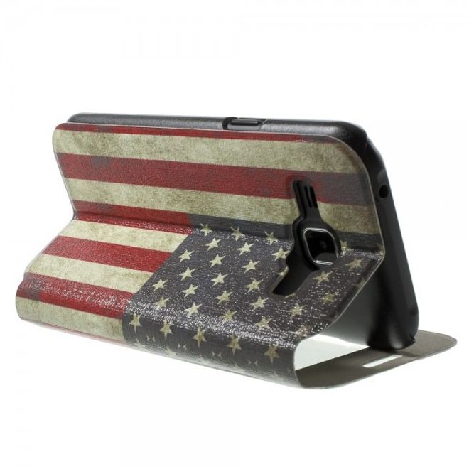 Samsung Galaxy J1 Leder Case mit USA Flagge retro-style und Fenster