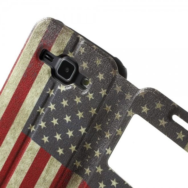 Samsung Galaxy J1 Leder Case mit USA Flagge retro-style und Fenster