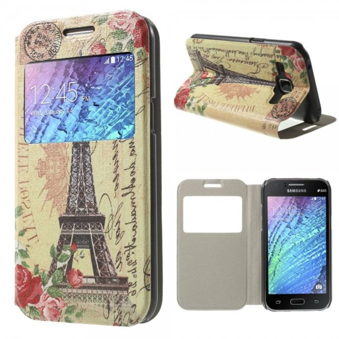 Samsung Galaxy J1 Leder Case mit Eiffelturm und Rosen und Fenster
