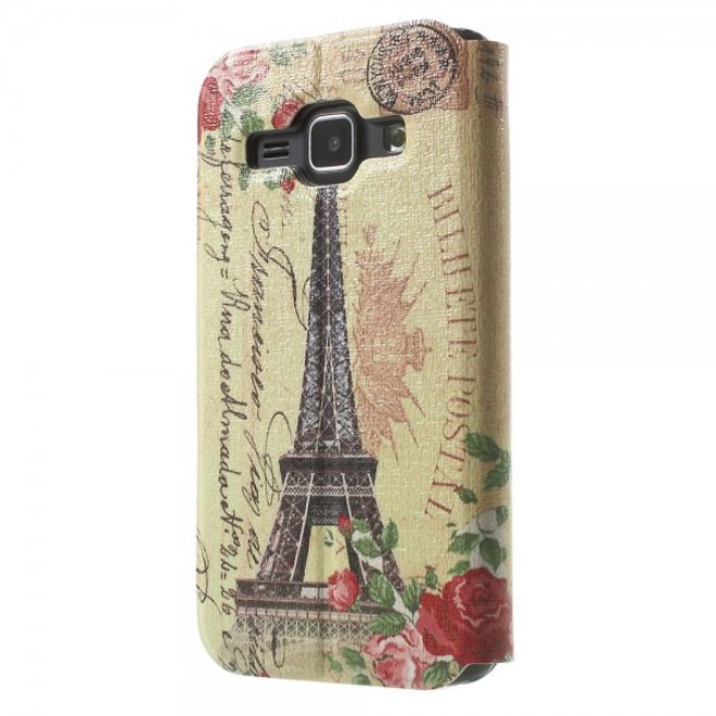 Samsung Galaxy J1 Leder Case mit Eiffelturm und Rosen und Fenster
