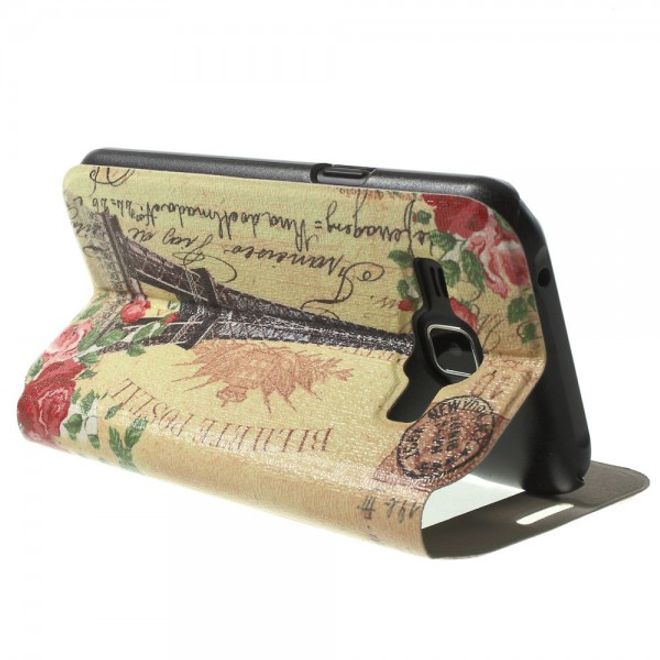 Samsung Galaxy J1 Leder Case mit Eiffelturm und Rosen und Fenster