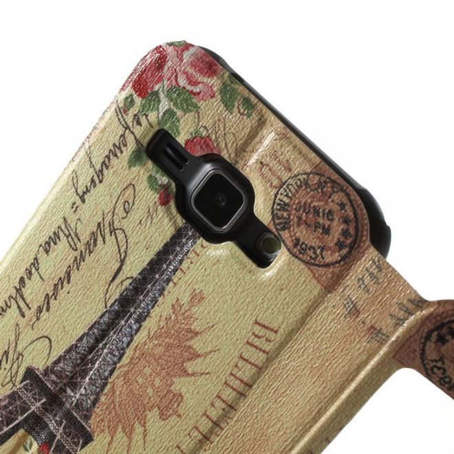 Samsung Galaxy J1 Leder Case mit Eiffelturm und Rosen und Fenster