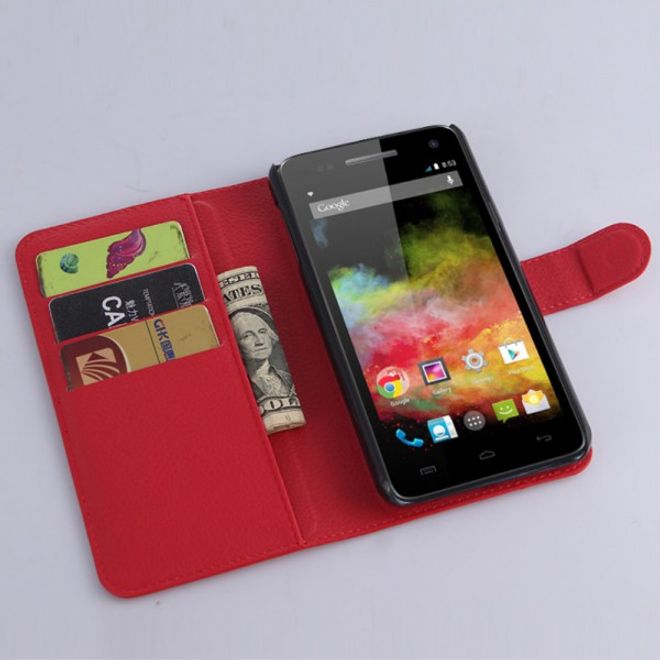 Wiko Rainbow 4G Handy Hülle - Litchi Leder Bookcover Series - rot