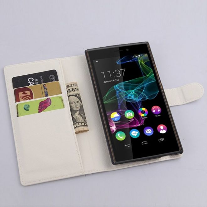 Wiko Ridge Fab 4G Trendiges Leder Case mit Kreditkartenslots - weiss