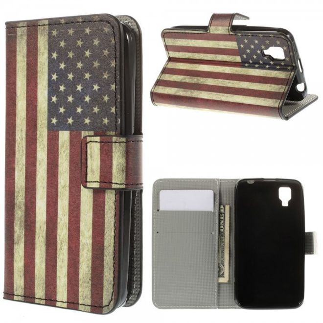 Wiko Sunset Leder Case mit Standfunktion und USA Flagge retro-style