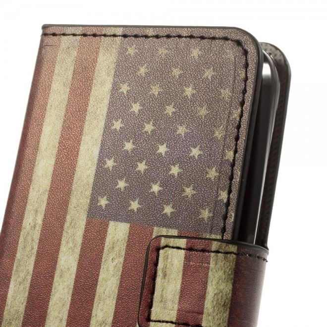 Wiko Sunset Leder Case mit Standfunktion und USA Flagge retro-style