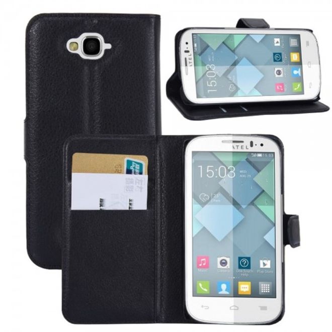Alcatel One Touch Pop C7 Handy Hülle - Litchi Leder Bookcover Series - schwarz