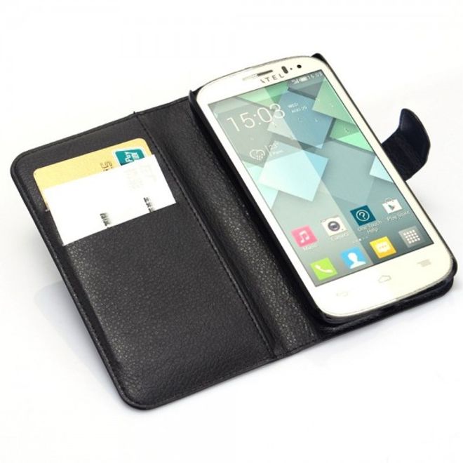 Alcatel One Touch Pop C7 Handy Hülle - Litchi Leder Bookcover Series - schwarz
