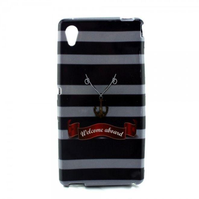 Sony Xperia M4 Aqua Elastisches, leicht glänzendes Plastik Case mit Anker und Streifen