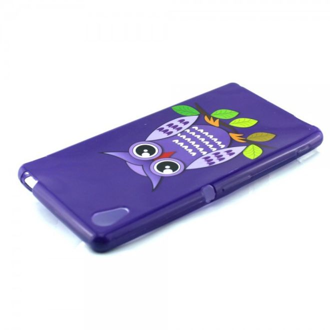Sony Xperia M4 Aqua Elastisches, leicht glänzendes Plastik Case mit purpurner Eule