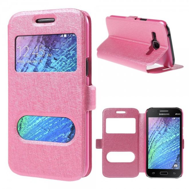 Samsung Galaxy J1 Leder Case mit seidenartiger Textur und zwei kleinen Fenstern - pink