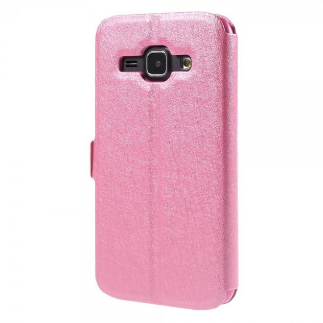 Samsung Galaxy J1 Leder Case mit seidenartiger Textur und zwei kleinen Fenstern - pink