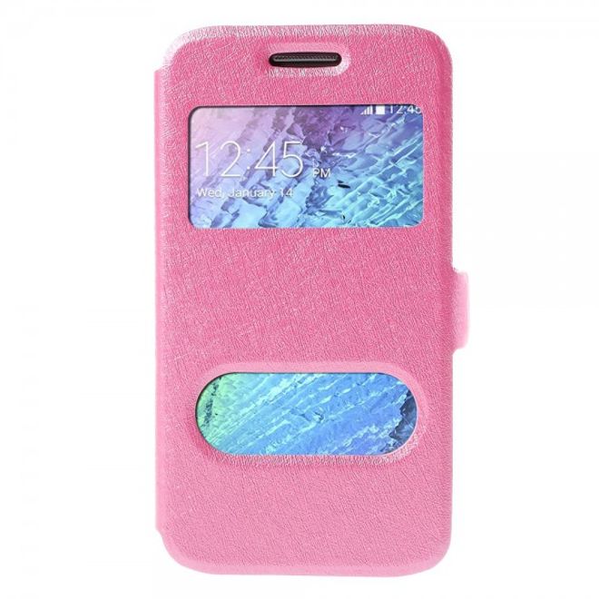 Samsung Galaxy J1 Leder Case mit seidenartiger Textur und zwei kleinen Fenstern - pink