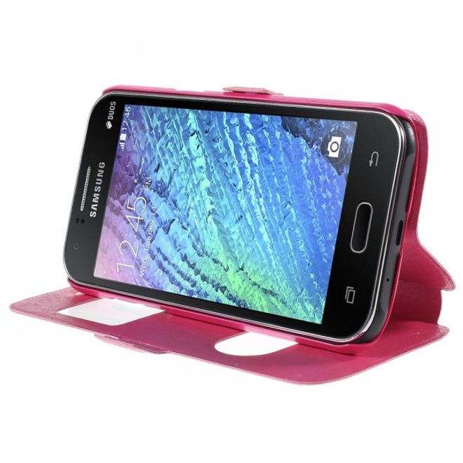 Samsung Galaxy J1 Leder Case mit seidenartiger Textur und zwei kleinen Fenstern - pink