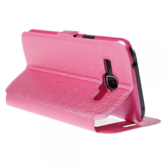 Samsung Galaxy J1 Leder Case mit seidenartiger Textur und zwei kleinen Fenstern - pink